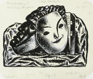 Två masker för byggnad och stenar (skiss) av Leo Gestel