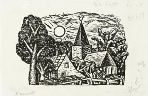 Vinjett för Gestels biografi av prof. W. van der Pluym Utan titel (Byvy med kyrka och sol, vinjett för biografi om Gestel av prof. W. van der Pluym) av Leo Gestel