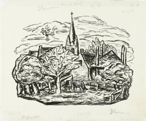 Vinjett för Gestel biografi av prof. dr. W. van der Pluym Utan titel (Utsikt över byn Blaricum med en betande ko) av Leo Gestel