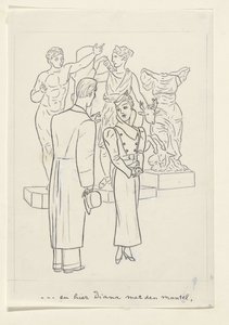 Kvinna och man framför tre statyer av Leo Gestel