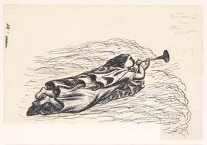 Kvinna med trumpet, flytande på moln av Leo Gestel