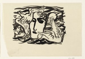 Kvinnans huvud och måsar med havet i bakgrunden av Leo Gestel