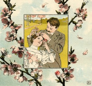 Man sätter vårblomning i den unga kvinnans hår av Leo Kainradl