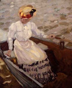 En elegant dam i en roddbåt (olja på duk) av Leo Putz