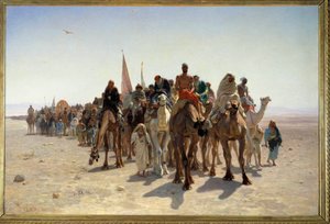 Pelerins åker till Mecka Carvane från resenärer på kameler i öknen. Målning av Leon Auguste Adolphe Belly (1827-1877) 1861 Sön. 1,6x2,4 m Paris, musee d