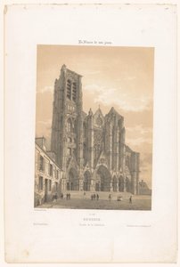 Utsikt över fasaden av katedralen i Bourges Bourges. Fasad de la cathédrale (titel på objekt) Contemporary France (serietitel) La France de nos jours (serietitel på objekt) av Leon Auguste Asselineau