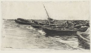 Fiskebåtar på stranden vid Étretat av Leon-Augustin Lhermitte