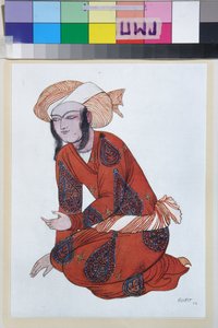 Kostym häll le ballet sheherazade de nicolas (Nikolai) Rimski Korsakov (1844-1908) - Oeuvre de Leon Bakst (1866-1924), lithografi 1922 - (Costume Design för Ballaide Bakst, färglith av Leon Bakst
