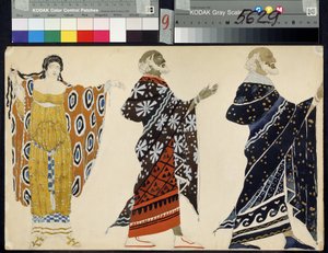 Människans kostymer för dramat ""Oedipus at Colone"" av Sophocles (497 eller 496-407 eller 406 f.Kr.) (Dräktdesign för drama Oedipus at Colonus av Sophocles). Teckning av Leon Blakst (1866-1924). Akvarell på papper, 28,2 x 44,6 cm av Leon Bakst
