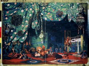 Uppsättning för baletten ""Sheherazade"" av Nicolas (Nikolai) Rimski Korsakov (Rimski-Korsakov) (1844-1908) från Efter sagorna om de tusen och en natt. (Scenografi för baletten Sheherazade av N.Rimsky Korsakov (Rimsky-Korsakov). Teckning av Leon Bakst (186 av Leon Bakst