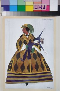 Engelskan, kostym för balletten la boutique fantasque av Gioachino Rossini - Verk av Leon Bakst (1866-1924), litografi 1919 - (Dräktdesign för baletten ""The Magic Toy Shop"" av Gioachino Rossini, av Leon Bakst, Färg litografi av Leon Bakst