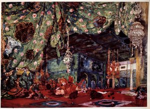 Scenografi av Leon Bakst (1866-1924), rysk målare och dekoratör för operan "Scheherazade" (Sheherazade) av Nicholas (Nikolai) Rimski Korsakov (Rimski-Korsakov) (1844-1908). av Leon Bakst