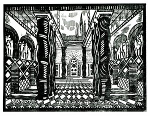 Scenografi av Leon Bakst (1866-1924), rysk målare och dekoratör för den tredje akten av "Sankt Sebastians martyrskap" av Claude Debussy (1862-1918), libretto av Gabriele D
