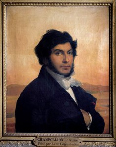 Porträtt av Jean-Francois (Jean Francois) Champollion (1790-1832), fransk egyptolog, dechiffrera av hieroglyfer. Målning av Leon av Léon Cogniet