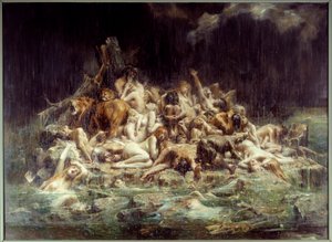 Syndfloden Ett kluster av kroppar av människor och djur under regnströmmarna av himlens ilska, några är redan drunknade, andra skriker sin nöd. Målning av Leon Comerre (1850-1916) 1911 Sön. 3,45x4,48 m Nantes, Musee des Beaux Arts