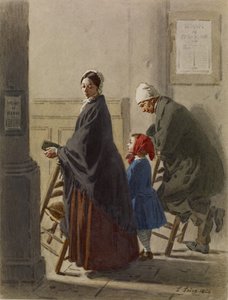 Man, kvinna och flicka vid bön i kyrkan, 1864 (wc och grafit på papper) av Leon Henri Antoine Loire