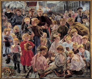 Socialrealism: "" Arbetarens åldrar"" Central del av en målning av Leon Frederic (1856-1940)