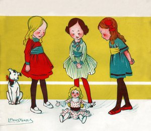 Flickor som leker dockor. (Illustration,; ca 1910)