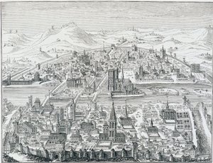 Stor perspektivvy av Paris 1607, baserad på gravyren av Léonard Gaultier. av Leonard Gaultier