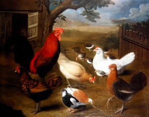 En gårdsscen med en tupp (olja på duk) av Leonard Hubner