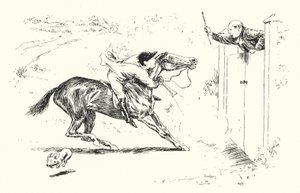 En man gick på jakt vid Reigate och ville hoppa över en hög grind (gravyr) av Leonard Leslie Brooke