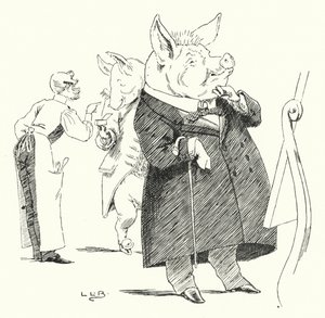 Frisör, frisör, raka en gris; hur många hårstrån gör en peruk? (gravyr) av Leonard Leslie Brooke