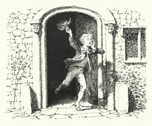 Flickor och pojkar, kom ut för att leka; månen lyser lika starkt som dagen (gravyr) av Leonard Leslie Brooke