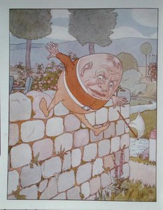 Humpty Dumpty, illustration från "Alice Through the Looking-Glass" av Lewis Carroll (1832-98) publicerad i London av Leonard Leslie Brooke