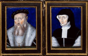 Porträtt av Claude de Lorraine (1496-1550), hertig av Guise och Antoinette av Bourbon Vendome (1494-1583), hans hustru Emalj målad av Leonard Limosin (1505-1577) 1550 ca. Sol. 0,25x0,2 m Ecouen, Musee national de la renaissance