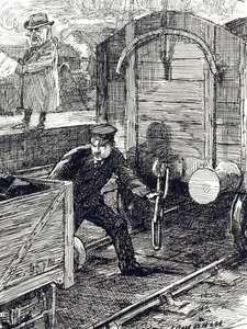 En tecknad serie som kommenterar järnvägsarbetares olyckor. Illustrerad av Leonard Raven-Hill (1867-1942), engelsk konstnär, illustratör och serietecknare, 1900-talet av Leonard Raven Hill