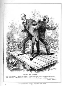 Lloyd George och Harcourt, båda ministrar i den liberala regeringen, är oense om att ge kvinnor rösträtt, 1910 av Leonard Raven Hill