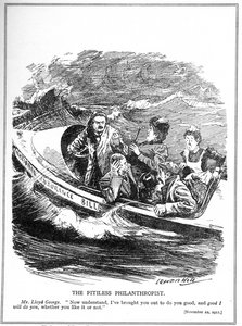 Lloyd George, avbildad som en livbåtsseglare, möter motstånd mot sin National Insurance Act, 1911