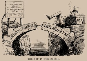 Gap in the Bridge. Tecknad film om USA:s frånvaro i Nationernas Förbund, dec 1919.
