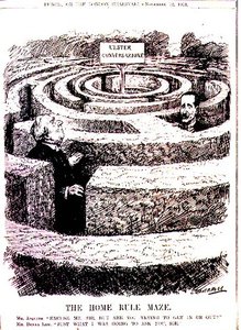 Hemmastyrets labyrint. Mr Asquith: "Ursäkta mig, sir, men försöker du komma in eller ut?" Mr Bonar Law: "Precis vad jag tänkte fråga dig, sir" från "Punch" -tidningen, Vol CXLV s.401, pub. 12 november av Leonard Raven Hill