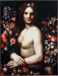 Byst av en ung kvinna som heter Flora (Flora) bland blommorna Modellen skulle vara Mona Lisa (Mona eller Monna Lisa) målning efter en teckning av Leonardo da Vinci (Leonard de Vinci) (1452-1519) 1600-talets Bergamo, accademia Carrara av Leonardo da (after) Vinci