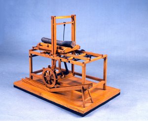 Trämodell (modell) av hydraulsåg som drivs av kugghjul och vatten. Gjord efter teckning av Leonardo da Vinci (Leonard de Vinci) (1452-1519) Museum of Science and Technology, Milano.