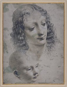 Huvudet på en kvinna och huvudet på en baby (metallspets på grått förberett papper) av Leonardo da (follower of) Vinci