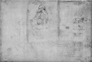 En man med huvudet på en elefant som rider till häst och arkitekturskisser, c1480 1945 av Leonardo da Vinci