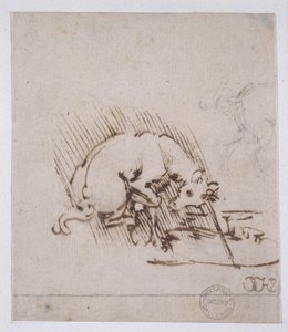 En enhörning som doppar sitt horn i en vattenpöl, ca 1481 (penna, bläck och metallspets på papper) av Leonardo da Vinci