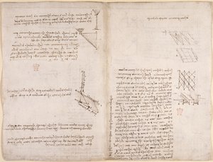 Arundel 263, f.120v, f.121 Anteckningar och diagram om mekanik, angående vätskors hastighet, c.1503-6 (penna & bläck på papper) av Leonardo da Vinci