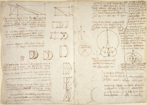 Arundel 263, f.222v, f.219, Ritningar på de mekaniska krafterna och krafterna, slagverk, gravitation, rörelse, optik och astronomi, med olika aritmetiska och geometriska propositioner (penna och bläck på papper) av Leonardo da Vinci