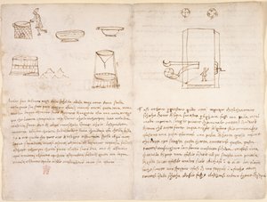 Arundel 263, f.259v, f.260 Anteckningar och grova skisser om processen att framställa salpeter för att förbereda krut (ej i Leonardos hand) (penna och bläck på papper) av Leonardo da Vinci