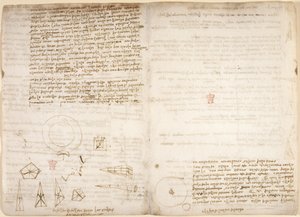 Arundel 263, f.266v, f.267 Anteckningar om kosmologi (upp och ner); diagram som illustrerar Leonardos observationer av tyngdpunkten, från 