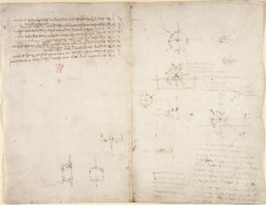 Arundel 263, f.35v, f.34 Ritningar på de mekaniska krafterna och krafterna, slagverk, gravitation, rörelse, optik och astronomi, med olika aritmetiska och geometriska propositioner. av Leonardo da Vinci