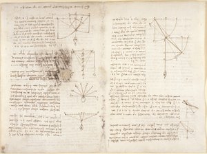 Arundel 263, f.3v, f.12 Anteckningar och diagram om mekanik av Leonardo da Vinci