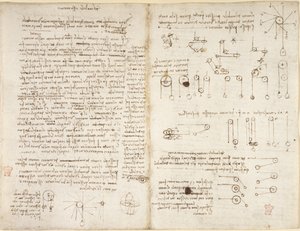 Arundel 263, f.43v, f.42, Anteckningar och diagram om mekanik, med titeln 