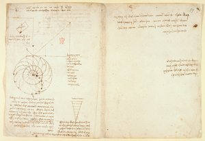 Arundel 263 f.44v, f.59 En skiss av ett öga och en näsa av ett ansikte i profil; anteckningar om vatten, från 