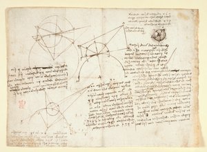 Arundel 263, f.64v Baksidan av ett enda stort blad, tidigare bunden längs högerkanten och invikt i anteckningsboken. Anteckningar och diagram om optik, angående Alhazens problem; schematisk skiss av en ögonglob åtföljd av anteckningar relaterade till L av Leonardo da Vinci