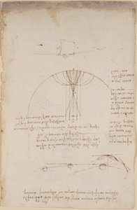 Arundel 263, f.85 Diagram över optik, rörande reflektionens kaustik; not och skiss om mekanik, om slagverkskraften och med hänvisningar till den aristoteliska principen 