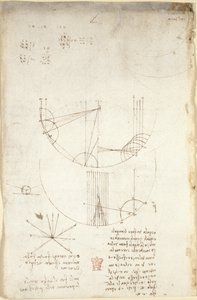 Arundel 263, f.85v Diagram över optik, rörande reflektionens kaustik; not och skiss om mekanik, om slagverkskraften och med hänvisningar till den aristoteliska principen 